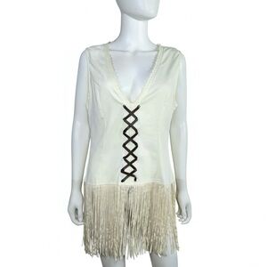 Oyrosy Cream Faux Lace-Up Bust Fringe Sleeveless Lace V-Neck Blouse
